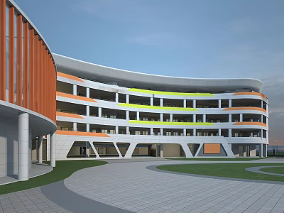 Modern Multi Story School Building With Colorful Facade And Campus Lawn Area 3d model