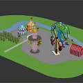 Colorful Amusement Park Rides With Ferris Wheel Carousel Tent Trees Path And River