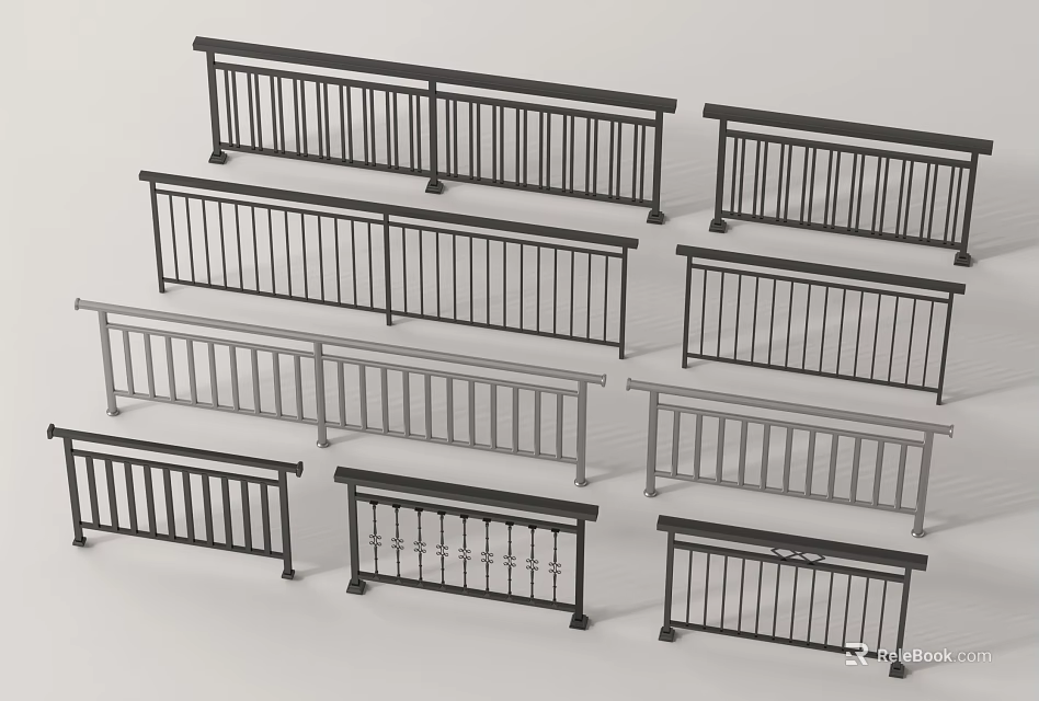 Various Modern Railings Design Options With Metal Frames And Decorative Patterns 3d model