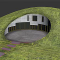 Cartoon Scene of Round Building on Grass Hill with Black Doors Windows and Stone Path