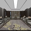Elegant Hotel Public Lounge With Dark Wooden Walls White Sofas Patterned Carpet Coffee Tables And Decorative Paintings
