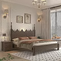 Warm Cozy Double Bed In Bedroom Interior With Wooden Headboard Framed Artworks And Wall Lamps