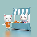 Cute Cartoon Cats At Blue Striped Tent Fruit And Drink Stall