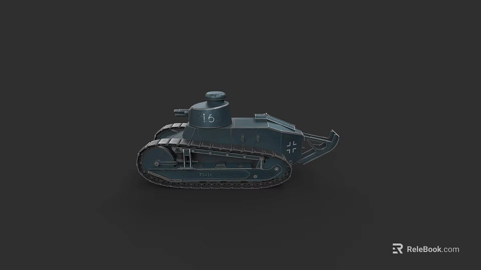 Dark Colored Military Tank Weapon Model With Tracks Cannon And Number 16 3d model 