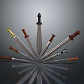 Multiple Swords With Various Hilts Arranged Radially Featuring Central Black Hilt Long Sword And Reflections