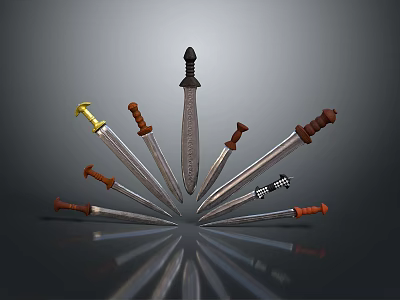 Multiple Swords With Various Hilts Arranged Radially Featuring Central Black Hilt Long Sword And Reflections 3d model
