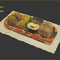 Assorted Japanese Sushi And Fried Items On Red Tray With White Paper