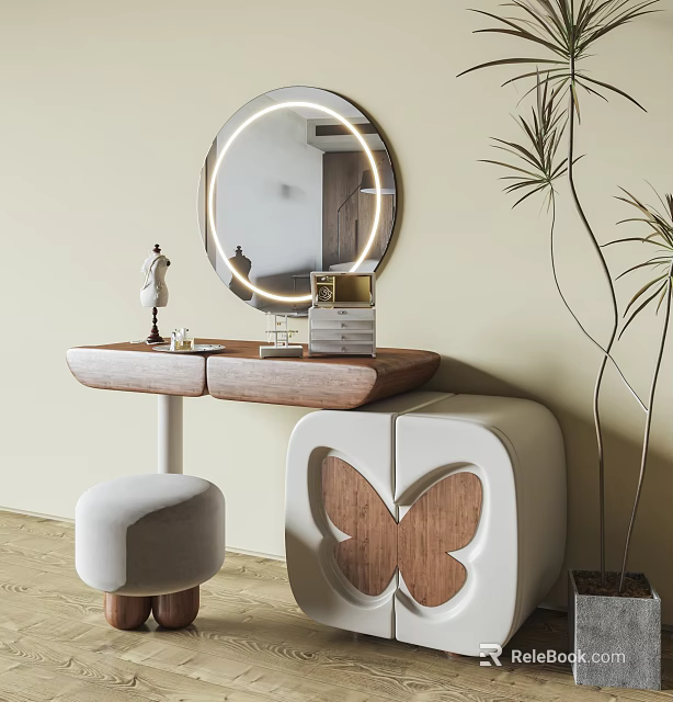 Modern Dressing Table With Round Lighted Mirror Wooden Countertop Butterfly Shaped Cabinet And Potted Plant 3d model 