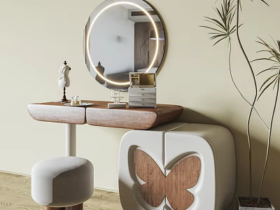 Modern Dressing Table With Round Lighted Mirror Wooden Countertop Butterfly Shaped Cabinet And Potted Plant 3d model