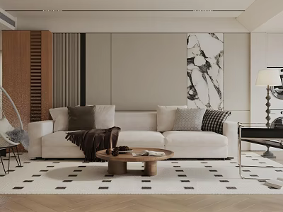 Modern Living Room Interior With Beige Sofa Coffee Table Geometric Rug And Decorative Wall Art 3d model