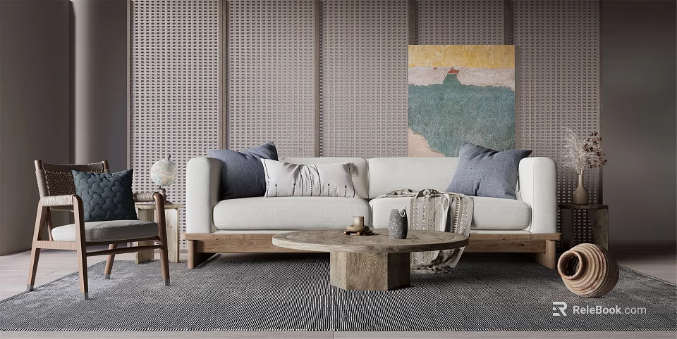 Modern Fabric Sofa Coffee Table Set With Gray Pillows And Woven Wall Panels 3d model