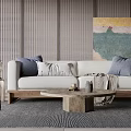 Modern Fabric Sofa Coffee Table Set With Gray Pillows And Woven Wall Panels 3d model