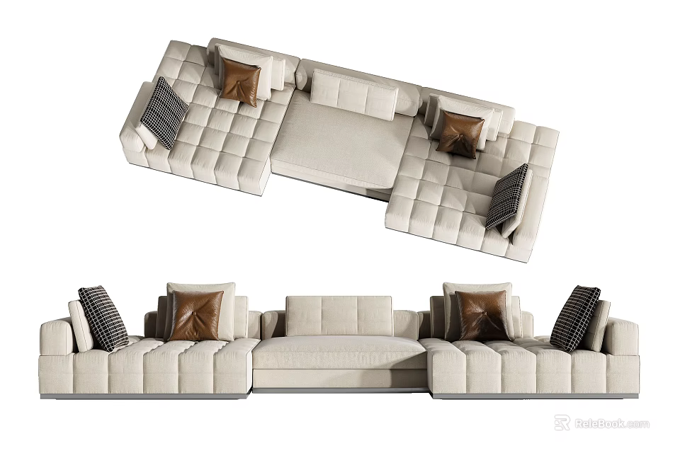 Modern Comfortable Light Colored Sectional Sofa with Dark Brown and Gray Cushions 3d model