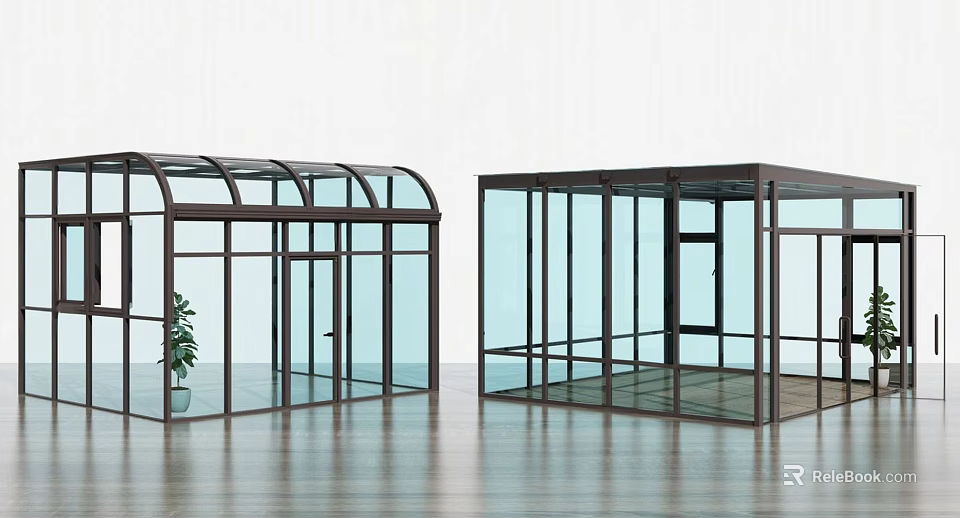 Modern Glass Enclosures With Arch Flat Roofs Black Frames Transparent Glass Wooden Flooring And Plant 3d model 