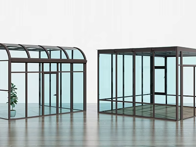 Modern Glass Enclosures With Arch Flat Roofs Black Frames Transparent Glass Wooden Flooring And Plant 3d model