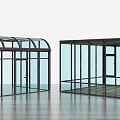 Modern Glass Enclosures With Arch Flat Roofs Black Frames Transparent Glass Wooden Flooring And Plant