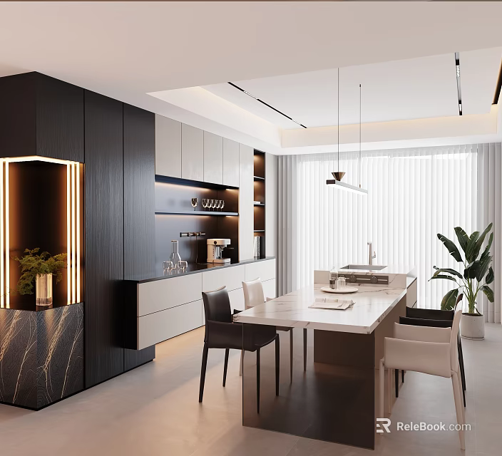 Modern Restaurant Interior Design With Open Kitchen Dining Table Chairs And Hanging Lights 3d model 