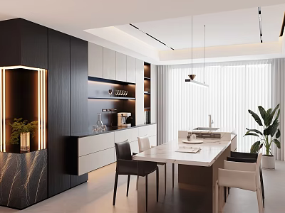 Modern Restaurant Interior Design With Open Kitchen Dining Table Chairs And Hanging Lights 3d model