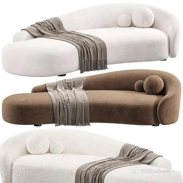Modern Sectional Sofa in White and Brown with Cozy Throw Blanket and Decorative Pillows 3d model 