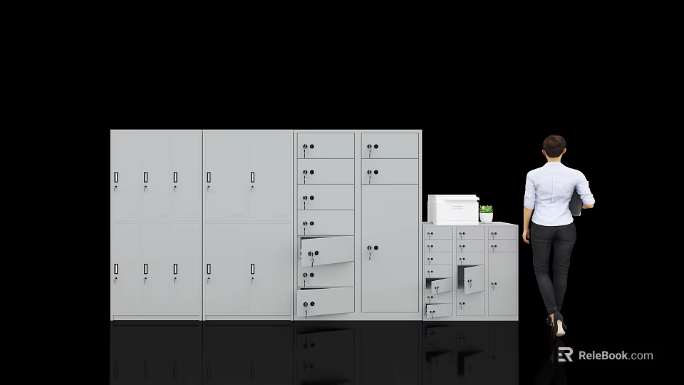 Office Storage Solutions With Metal Cabinets Drawers And Lockers Near Woman 3d model 