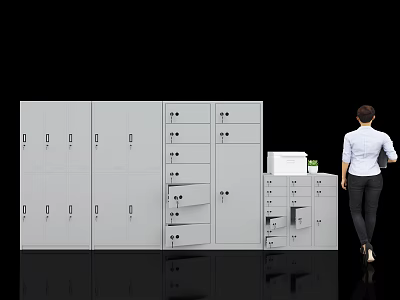 Office Storage Solutions With Metal Cabinets Drawers And Lockers Near Woman 3d model