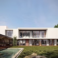 Modern Detached Villa With Open Layout Floor to Ceiling Windows Swimming Pool And Lawn