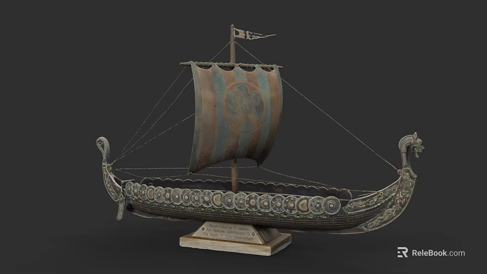 Exquisite Ship Sculpture With Intricate Carved Patterns And Colored Sail On Wooden Base 3d model 