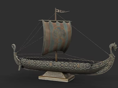 Exquisite Ship Sculpture With Intricate Carved Patterns And Colored Sail On Wooden Base 3d model