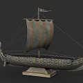 Exquisite Ship Sculpture With Intricate Carved Patterns And Colored Sail On Wooden Base
