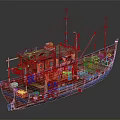 Traditional Blue Red Wooden Fishing Boat With Cabin Masts Ropes Lifebuoys On Deck
