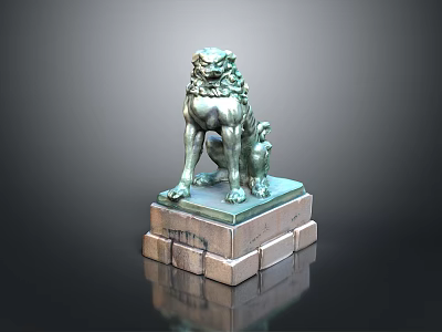 Ornate Bronze Lion Statue Standing on Carved Stone Base with Intricate Details 3d model