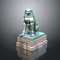 Ornate Bronze Lion Statue Standing on Carved Stone Base with Intricate Details