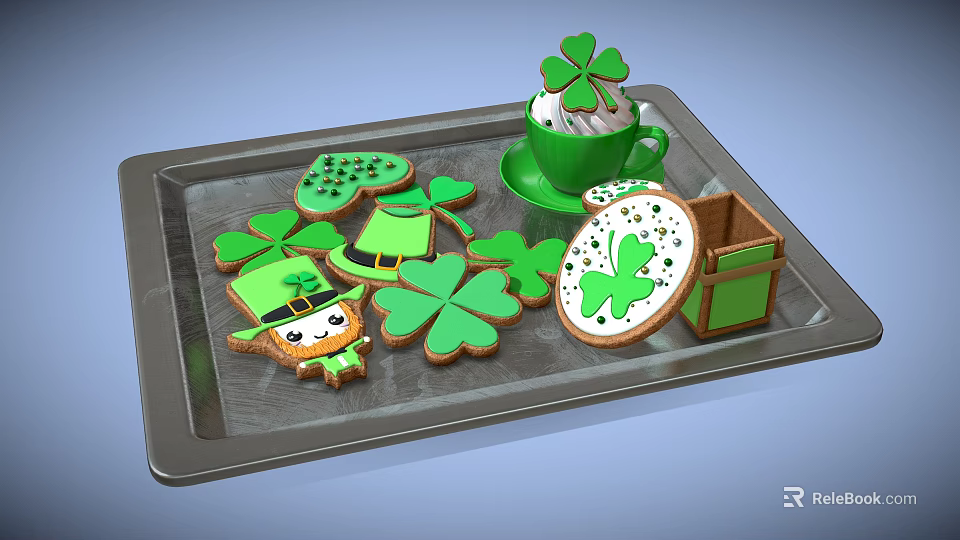 Clover Shaped Green Cookies And Cup Decorations On Festive Metal Tray 3d model 