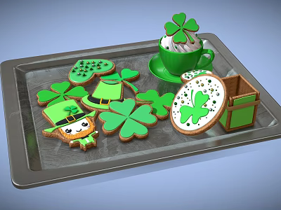 Clover Shaped Green Cookies And Cup Decorations On Festive Metal Tray 3d model