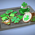 Clover Shaped Green Cookies And Cup Decorations On Festive Metal Tray