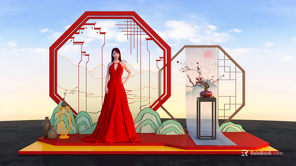 Traditional Chinese Style Photo Check-in Spot With Red Octagonal Frame And Landscape Patterns 3d model 