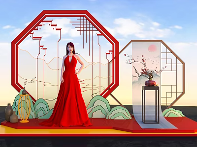 Traditional Chinese Style Photo Check-in Spot With Red Octagonal Frame And Landscape Patterns 3d model