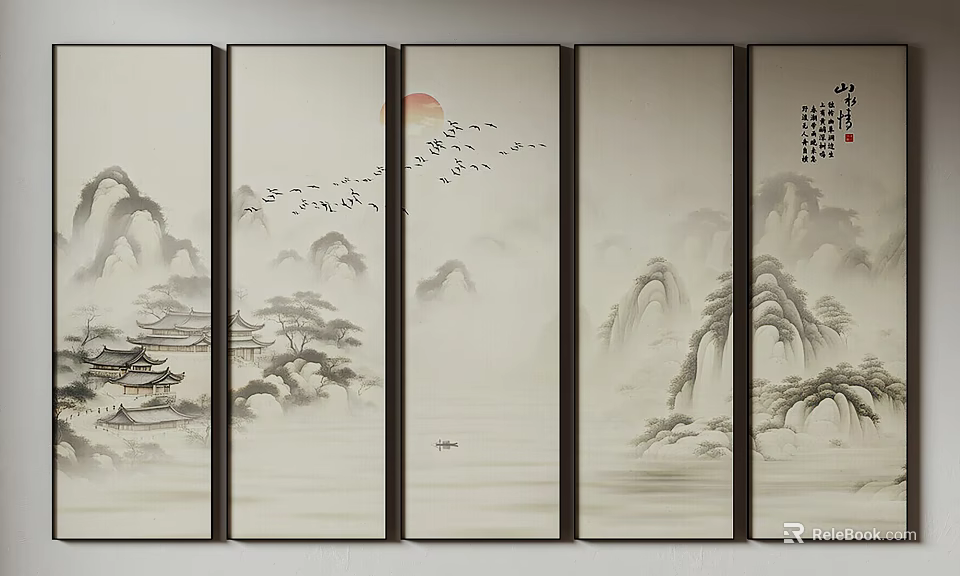 Traditional Chinese Landscape Screen Painting With Sun Flying Birds Mountains And Buildings 3d model 