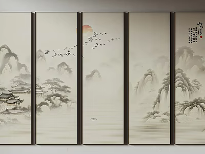 Traditional Chinese Landscape Screen Painting With Sun Flying Birds Mountains And Buildings 3d model