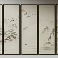 Traditional Chinese Landscape Screen Painting With Sun Flying Birds Mountains And Buildings