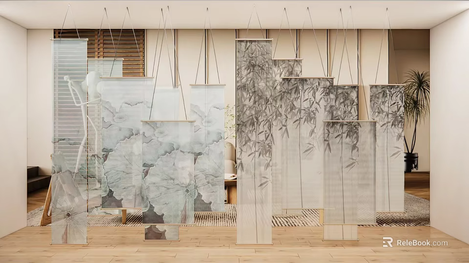 Traditional Chinese Partition Screens With Bamboo Ink Painting Patterns For Interior Decoration 3d model 