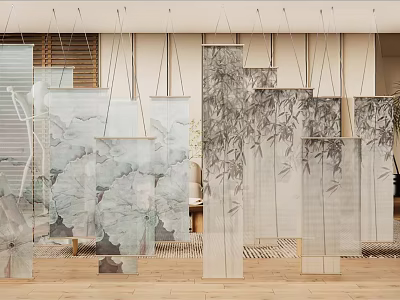 Traditional Chinese Partition Screens With Bamboo Ink Painting Patterns For Interior Decoration 3d model