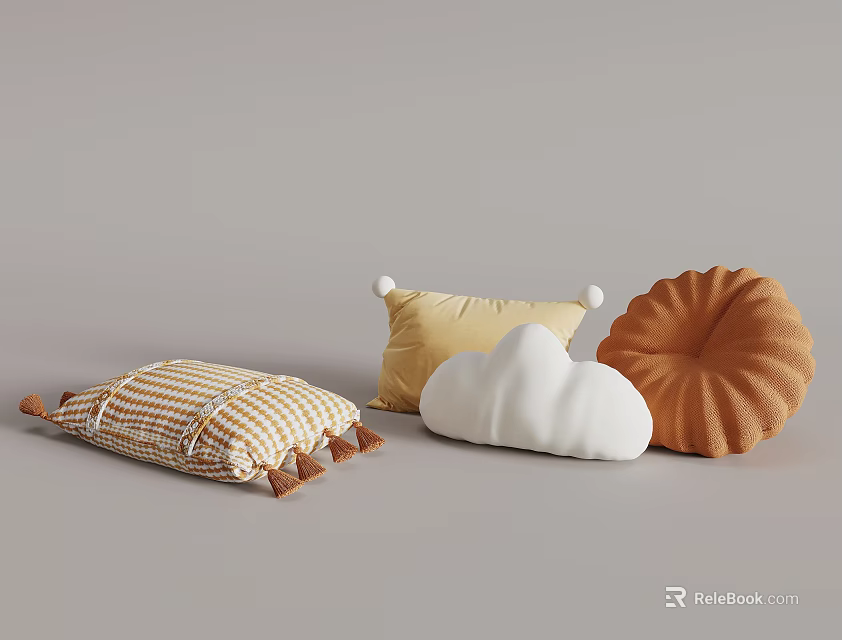 Decorative Throw Pillows With Checkered Tassels Beige Pom poms White Cloud And Orange Wavy Patterns 3d model 