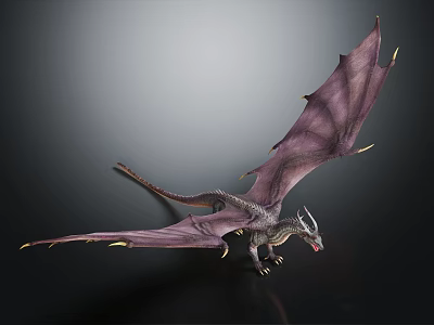 Mythical Dragon 3D Model With Purple Wings Sharp Claws And Black Background 3d model