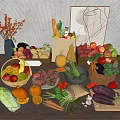 Assorted Fresh Fruits in Baskets and Wooden Boxes with Vegetables on Table
