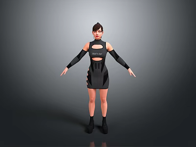 Woman Wearing Black Dress With Cutout Design And Long Sleeves Standing Against Gray Background 3d model