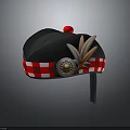 Black Traditional Hat With Red Pom Pom Feather Round Badge And Red White Checkered Band
