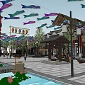 Traditional Style Commercial Street With Colorful Carp Streamers Trees And Outdoor Seating