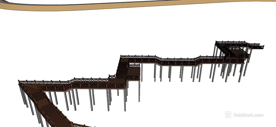 Wooden Elevated Walkway Structure With Railings For Scenic Outdoor Pathway 3d model 