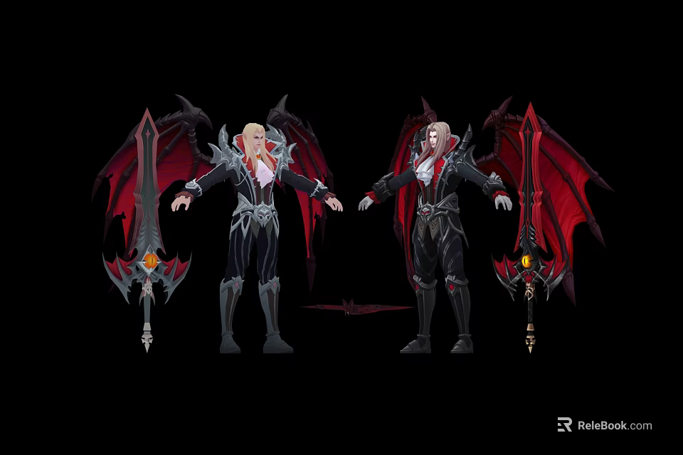 Dark Fantasy Characters With Red Dragon Wings Long Hair And Black Armor Weapons 3d model 